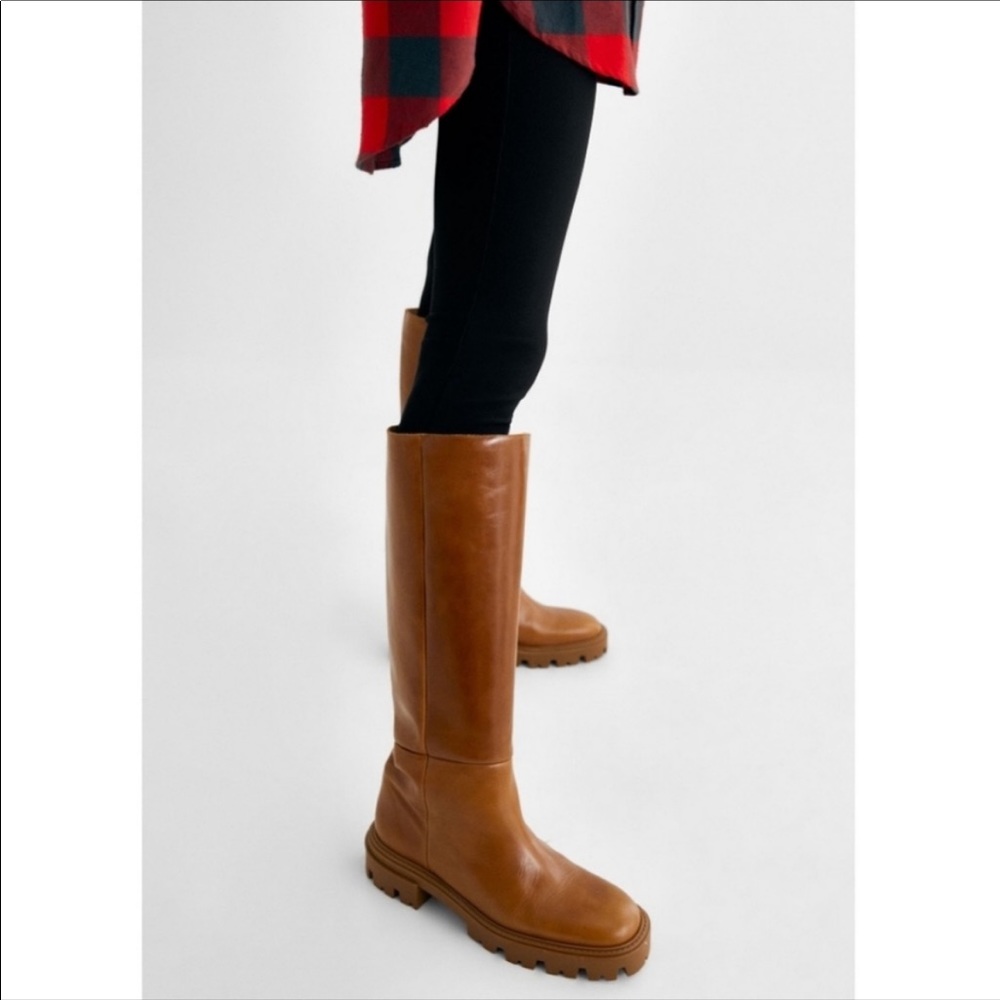 Zara Flat Knee High Boots leather camel Lug 2057